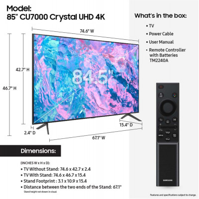 2023 Samsung CU7000 Crystal UHD 85" 4K HDR Smart LED TV (тээврийн даатгалтай)