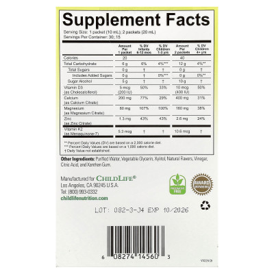 ChildLife Essentials, Liquid Calcium with Magnesium Plus K2 & D3, Natural Orange, 30 Packet, 0.34 fl oz (10 ml)