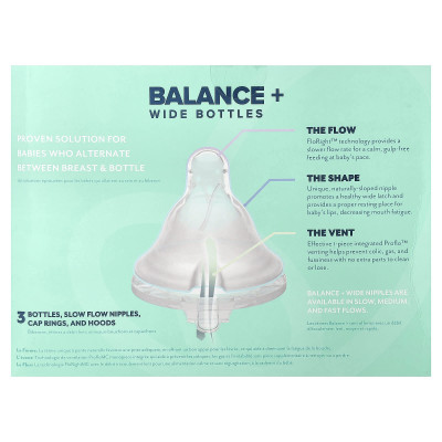 Evenflo Feeding, Balance+ Bottles, Wide, 0+ Months, Slow Flow, 3 Bottles, 5 oz (150 ml) Each