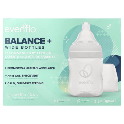 Evenflo Feeding, Balance+ Bottles, Wide, 0+ Months, Slow Flow, 3 Bottles, 5 oz (150 ml) Each