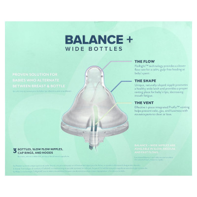 Evenflo Feeding, Balance+ Bottles, Wide, 0+ Months, Slow Flow, 3 Bottles, 9 oz (270 ml) Each