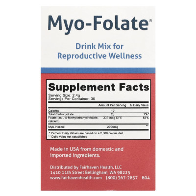 Fairhaven Health, Myo-Folate®, Drink Mix for Reproductive Wellness, Unflavored, 30 Packets, 2.4 g Each