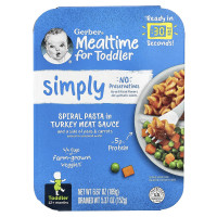 Gerber, Mealtime for Toddler, 12+ Months, Spiral Pasta In Turkey Meat Sauce and A Side of Peas & Carrots, 6.67 oz (189 g)