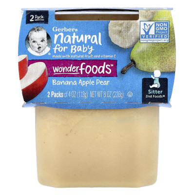 Gerber, Natural for Baby, Wonder Foods™, 2nd Foods®, Banana Apple Pear, 2 Pack, 4 oz (113 g) Each