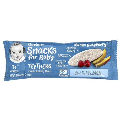 Gerber, Snacks for Baby, Teethers, Gentle Teething Wafers, 7+ Months, Mango Raspberry, 12 Individually Wrapped 2 Packs, 0.14 oz (4 g) Each