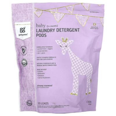 Grab Green, Baby, Laundry Detergent Pods, Dreamy Rosewood with Essential Oils, 5+ Months, 50 Loads, 1.76 lbs (800 g)