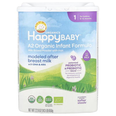Happy Family Organics, A2 Organic Infant Formula, Milk-Based Powder with Iron, 0-12 Months , 22.9 oz (650 g)