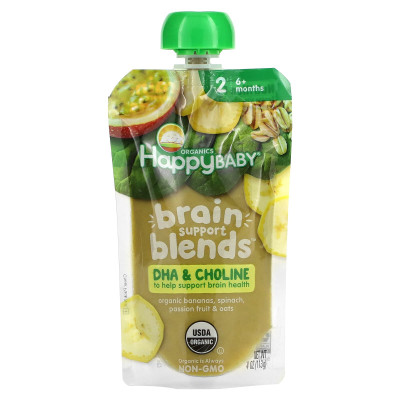 Happy Family Organics, Happy Baby®, Brain Support Blends™, 6+ Months, Organic Bananas, Spinach, Passion Fruit & Oats, 4 oz (113 g)