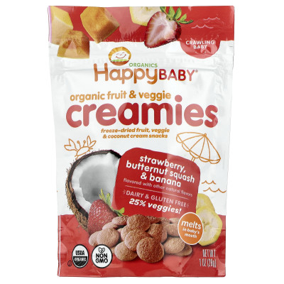 Happy Family Organics, Happy Baby, Organic Fruit & Veggie Creamies, Crawling Baby, Strawberry, Butternut Squash & Banana, 1 oz (28 g)