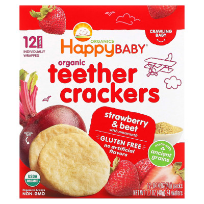 Happy Family Organics, Happy Baby, Organic Teether Crackers, Strawberry & Beet with Amaranth, 12 Packs, 0.14 oz (4 g) Each