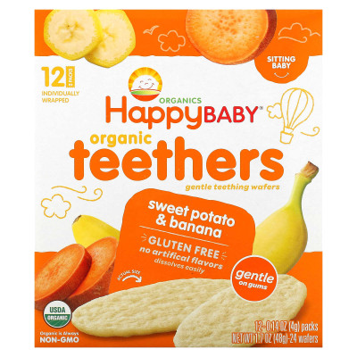 Happy Family Organics, Happy Baby, Organic Teethers, Gentle Teething Wafers, Sweet Potato & Banana, 12 Packs, 0.14 oz (4 g) Each