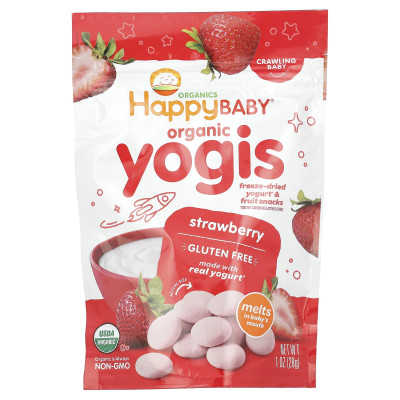 Happy Family Organics, Happy Baby®, Organic Yogis, Freeze Dried Yogurt & Fruit Snacks, Strawberry, 1 oz (28 g)