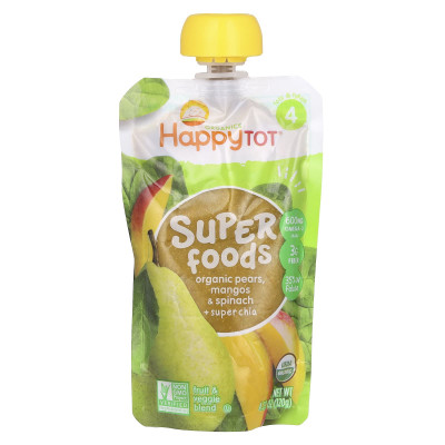 Happy Family Organics, HappyTot, SuperFoods, Stage 4, Organic Pears, Mangos & Spinach + Super Chia, 4.22 oz (120 g)