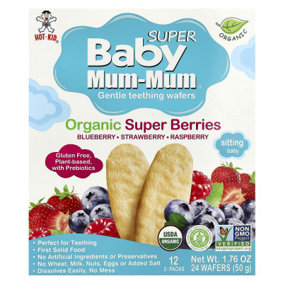 Hot Kid, Super Baby Mum-Mum®, Gentle Teething Wafers, Organic Super Berries, 12 Packs, 2 Wafers Each