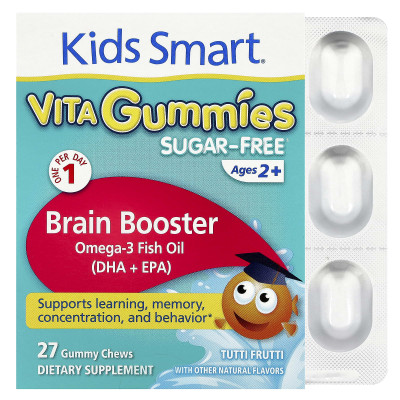 Kids Smart, Vita Gummies, Brain Booster, Sugar-Free, Ages 2+, Tutti Frutti, 27 Gummy Chews