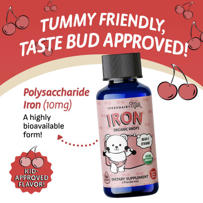 Legendairy Milk, Iron Organic Drops, 4+ Months, Yummy Cherry, 2 fl oz (60 ml)
