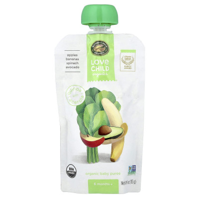 Love Child Organics, Nature's Path, Organic Baby Puree, 6 Months+, Apples, Bananas, Spinach, Avocado, 4 oz (113 g)