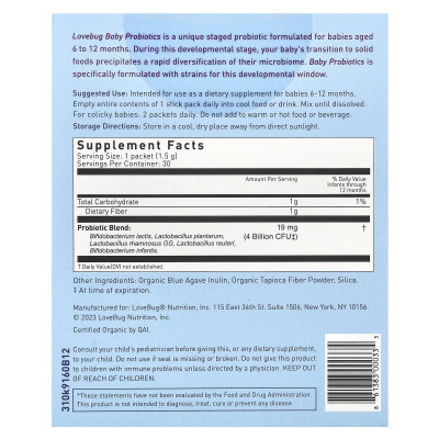LoveBug Probiotics, Baby Probiotics, 6-12 Months, 4 Billion CFU, 30 Single Serve Stick Packs