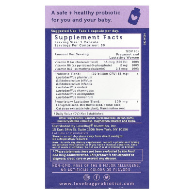 LoveBug Probiotics, Postnatal Probiotic, 20 Billion CFU, 30 Capsules