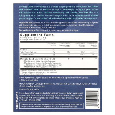 LoveBug Probiotics, Toddler Probiotics, 12 Months Up To 4 Years, 15 Billion CFU, 30 Single Serve Stick Packs, 0.06 oz (1.8 g) Each