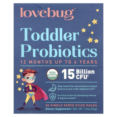 LoveBug Probiotics, Toddler Probiotics, 12 Months Up To 4 Years, 15 Billion CFU, 30 Single Serve Stick Packs, 0.06 oz (1.8 g) Each