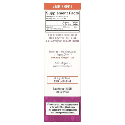 MaryRuth's, Organic Vitamin A Liquid Drops, Unflavored, 750 mcg, 1 fl oz (30 ml)