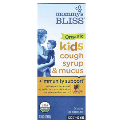 Mommy's Bliss, Kids Organic Cough Syrup & Mucus + Immunity Support, 1-12 Yrs, Elderberry, 4 fl oz (120 ml)