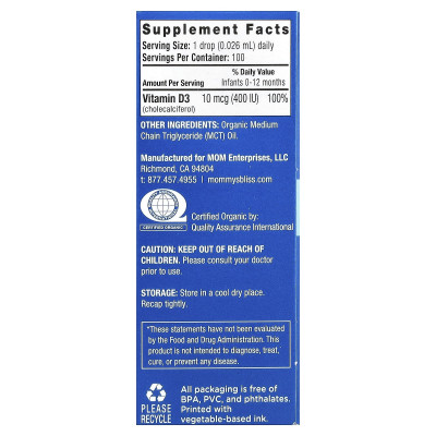 Mommy's Bliss, Organic Baby Vitamin D Drops,  Newborn +, 0.11 fl oz (3.24 ml)