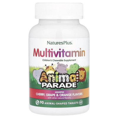 NaturesPlus, Animal Parade®, Children's Chewable Multivitamin, Cherry, Grape & Orange, 90 Animal-Shaped Tablets