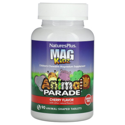 NaturesPlus, MagKidz, Animal Parade, Children's Chewable Magnesium, Cherry, 90 Animal-Shaped Tablets (50 mg per Tablet)