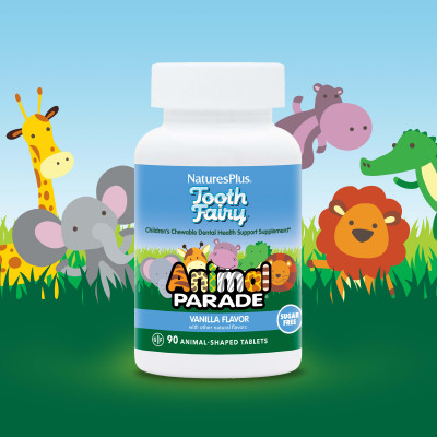 NaturesPlus, Source of Life, Animal Parade, Children's Chewable Tooth Fairy Probiotic, Vitamin D3 & Calcium, Vanilla, 90 Animal-Shaped Tablets