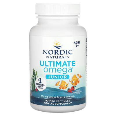 Nordic Naturals, Ultimate Omega Junior,  Ages 6+, Strawberry, 90 Mini Soft Gels (340 mg per Soft Gel)