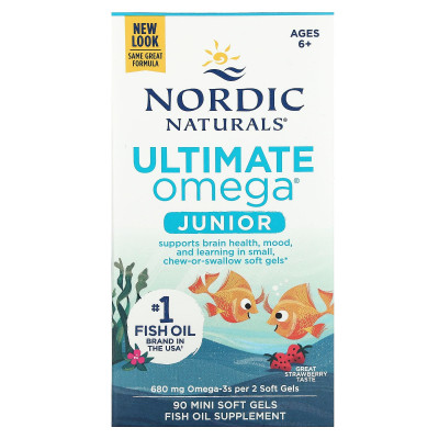 Nordic Naturals, Ultimate Omega Junior,  Ages 6+, Strawberry, 90 Mini Soft Gels (340 mg per Soft Gel)