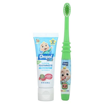 Orajel, Kids, Cocomelon Training Toothpaste with Toothbrush, Fluoride-Free, 0-3 Years, Watermelon, 2 Piece Set, 1 oz (28.3 g)