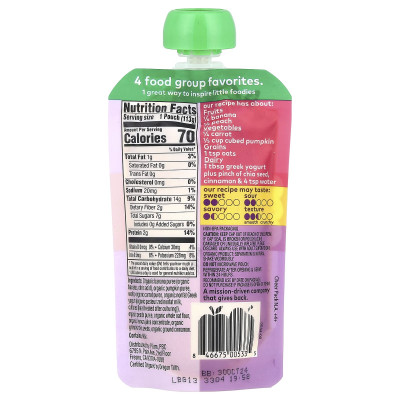 Plum Organics, Mighty 4®, 4 Food Group Blend, Tots, Banana, Peach, Pumpkin, Carrot, Greek Yogurt, Oat, 4 oz (113 g)