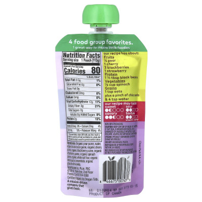 Plum Organics, Mighty 4 Food Group Blend, Tots, Pear, Cherry, Blackberry, Strawberry, Black Bean, Spinach & Oat, 4 oz (113 g)