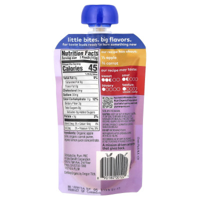 Plum Organics, Organic Baby Food, 6+ Months, Apple + Carrot, 4 oz (113 g)