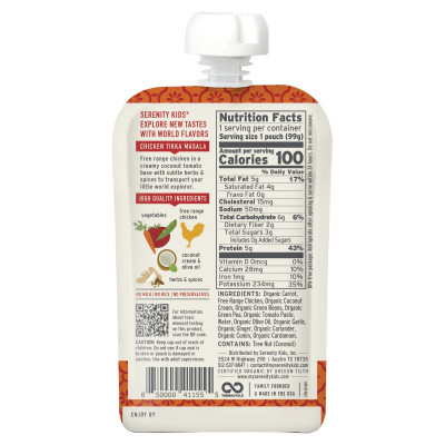 Serenity Kids, Free Range Chicken Tikka Masala with Carrot, Coconut Cream, Green Beans, Herbs & Spices, 6+ Months, 3.5 oz (99 g)
