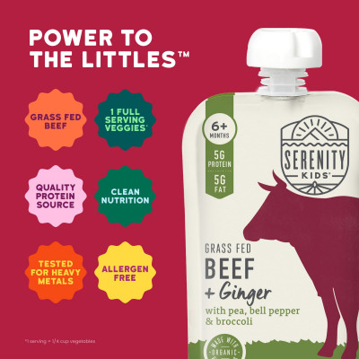 Serenity Kids, Grass Fed Beef + Ginger with Pea, Bell Pepper & Broccoli, 6+ Months, 3.5 oz (99 g)
