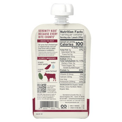 Serenity Kids, Grass Fed Beef with Organic Kale & Sweet Potato, 6+ Months, 3.5 oz (99 g)