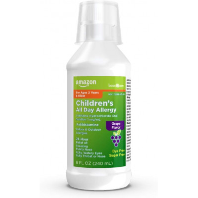 Amazon Basic Care Children’s 24 Hour Allergy Relief, Cetirizine Hydrochloride Oral Solution 1 mg/mL, Grape Flavor, Dye Free, 8 Fluid Ounces