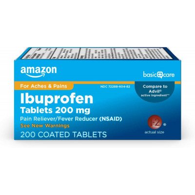 Amazon Basic Care Ibuprofen Tablets, Fever Reducer and Pain Relief from Body Aches, Headache, Arthritis and More, Brown, 200 Count