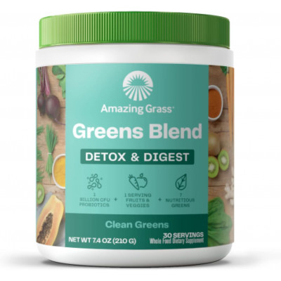 Amazing Grass Greens Blend Detox & Digest: Smoothie Mix, Cleanse with Super Greens Powder, Digestive Enzymes & Probiotics, Clean Green, 30 Servings (Packaging May Vary)