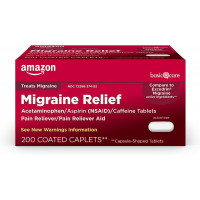 Amazon Basic Care Migraine Relief Acetaminophen, Aspirin (NSAID) and Caffeine Tablets, Pain Reliever/Pain Reliever Aid, 200 Count
