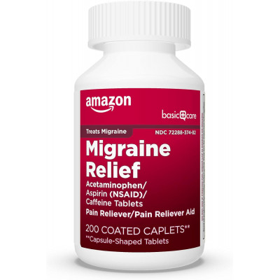 Amazon Basic Care Migraine Relief Acetaminophen, Aspirin (NSAID) and Caffeine Tablets, Pain Reliever/Pain Reliever Aid, 200 Count