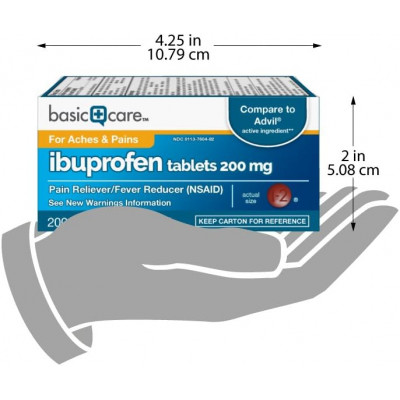 Amazon Basic Care Ibuprofen Tablets, Fever Reducer and Pain Relief from Body Aches, Headache, Arthritis and More, Brown, 200 Count