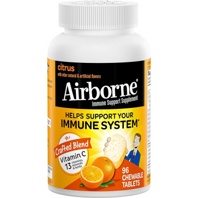 Airborne 1000mg Chewable Tablets with Zinc, Immune Support Supplement with Powerful Antioxidants Vitamins A C & E - 96 Tablets, Citrus Flavor