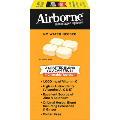 Airborne 1000mg Chewable Tablets with Zinc, Immune Support Supplement with Powerful Antioxidants Vitamins A C & E - 96 Tablets, Citrus Flavor