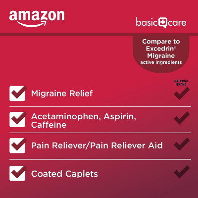 Amazon Basic Care Migraine Relief Acetaminophen, Aspirin (NSAID) and Caffeine Tablets, Pain Reliever/Pain Reliever Aid, 200 Count