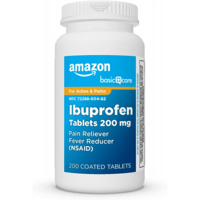 Amazon Basic Care Ibuprofen Tablets, Fever Reducer and Pain Relief from Body Aches, Headache, Arthritis and More, Brown, 200 Count